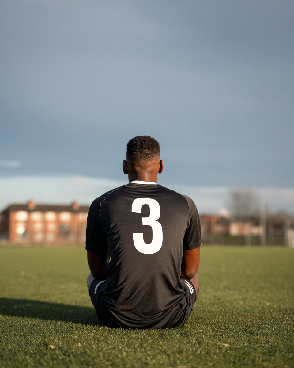 Player in a number 3 shirt sitting on the pitch